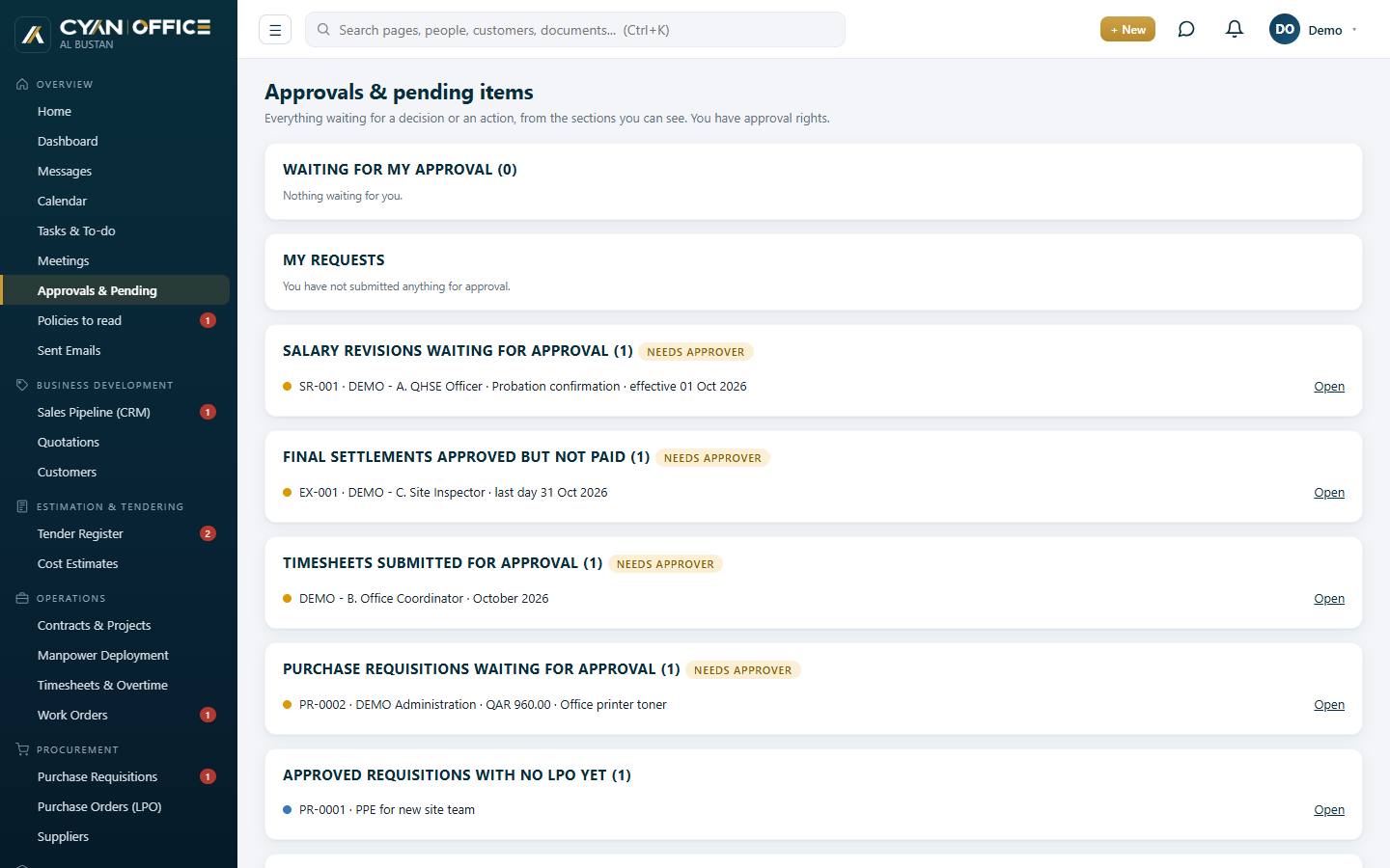 Approvals in Cyan Office